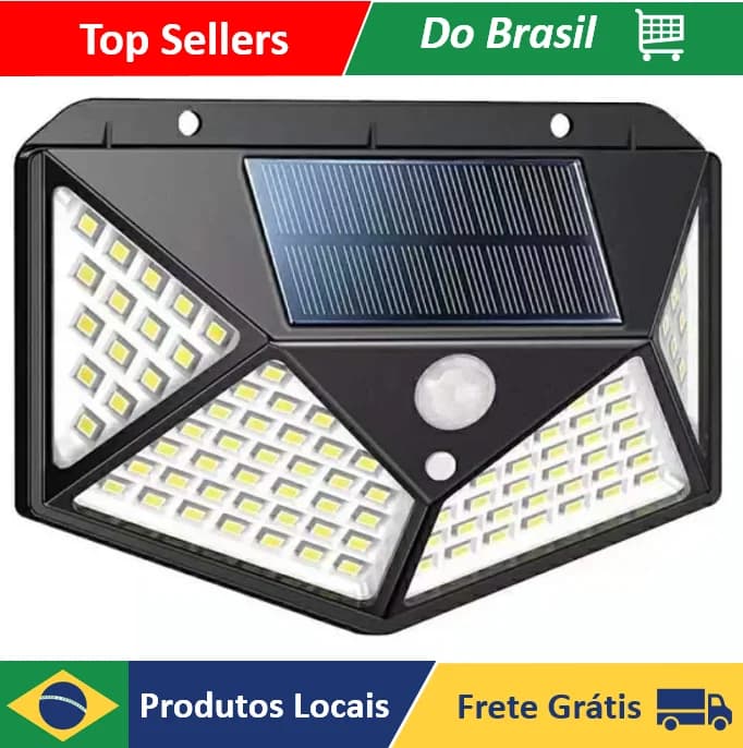 Luminária de Emergência para Parede com Placa Solar, 100 LEDs, Sensor de Presença e 3 Funções