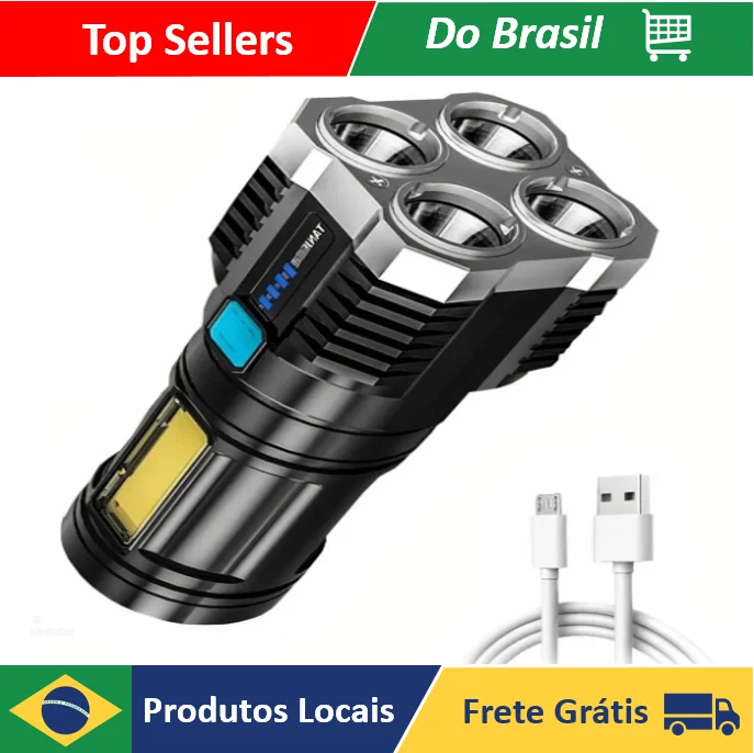 Lanterna LED à Prova d'Água 4 Núcleos Potente USB Recarregável
