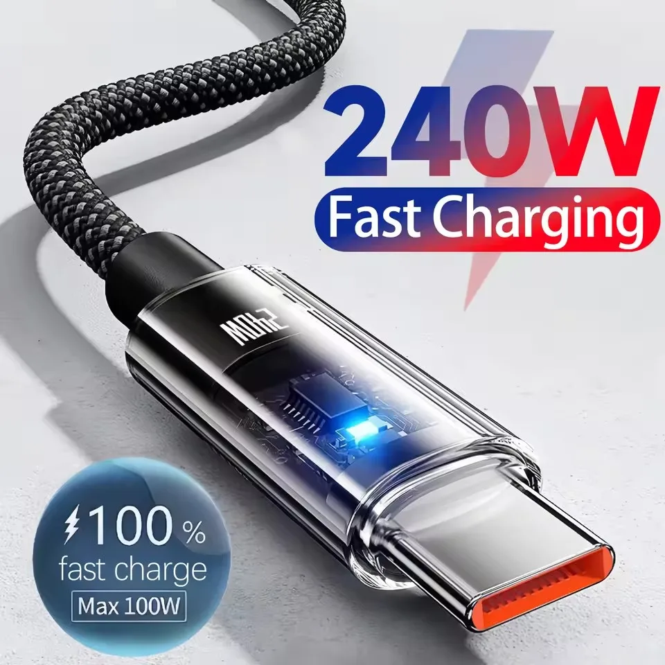 Cabo USB Tipo C 240W Carregamento Super Rápido com Display Digital LED, Nylon - Compatível com Samsung, Xiaomi, Huawei, Honor