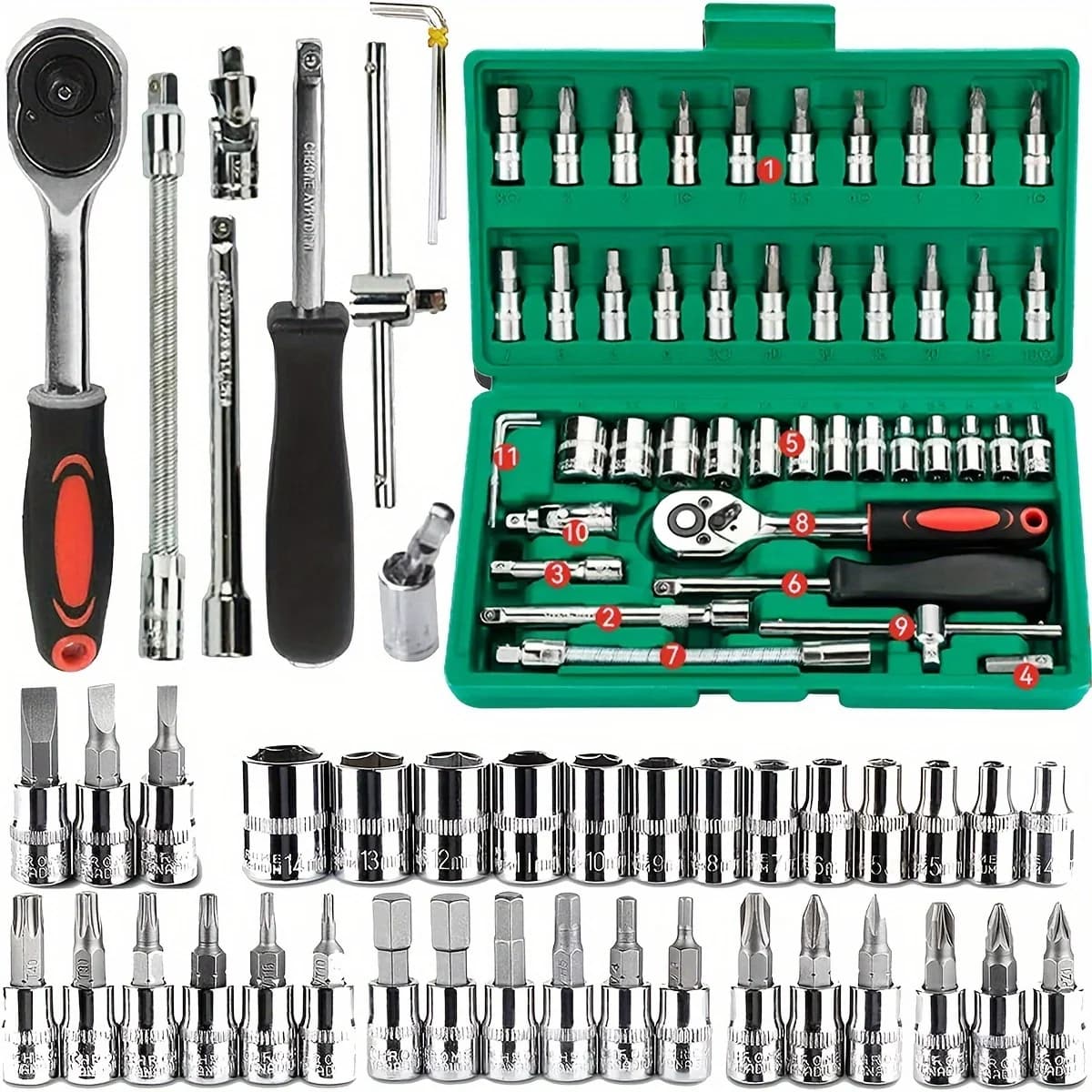 Kit de Ferramentas Mecânicas 46 Peças 1/4" para Reparo Automotivo e Doméstico, com Soquetes e Chave Catraca