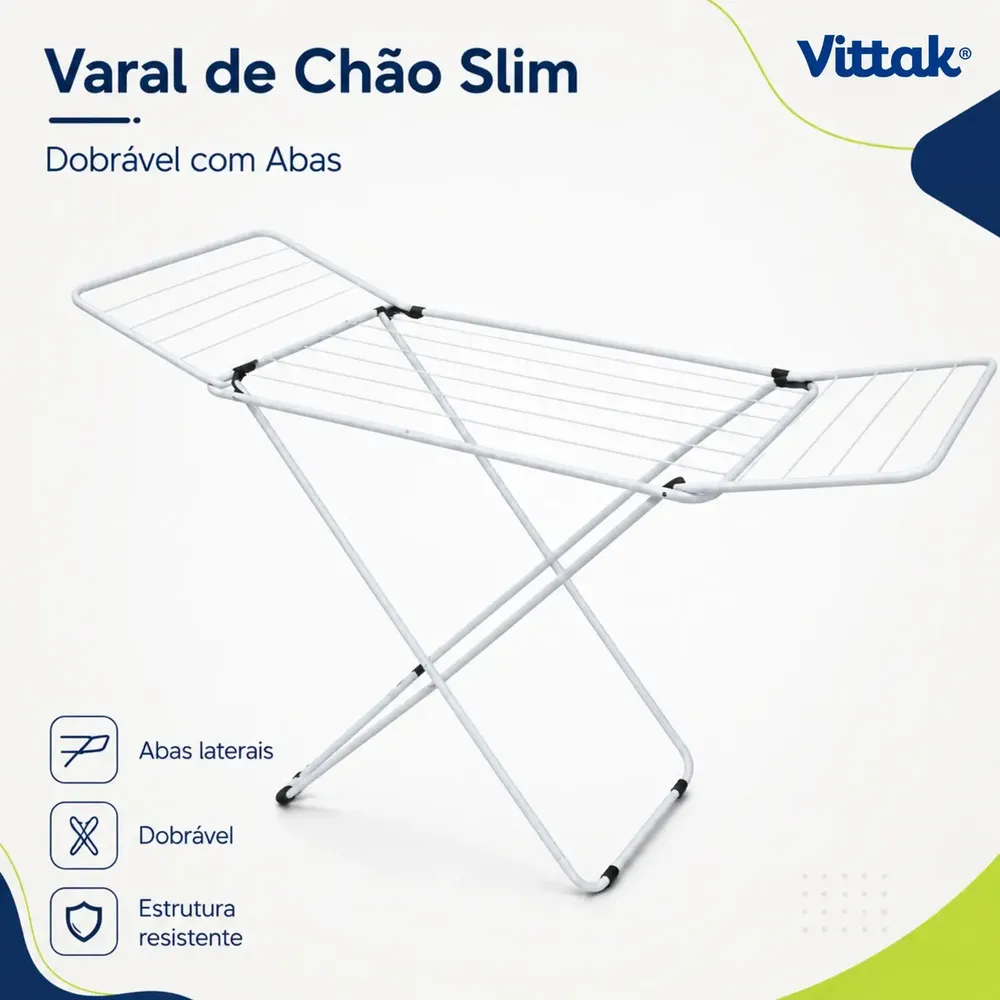 Vittak Varal de Chão Slim Dobrável com Abas Retráteis em Aço Reforçado