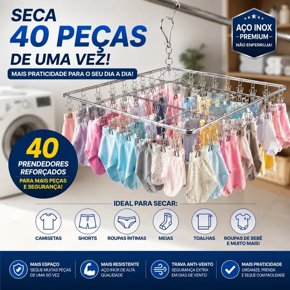 Varal Inox Suspenso 40 Prendedores Fixos para Secagem de Roupas