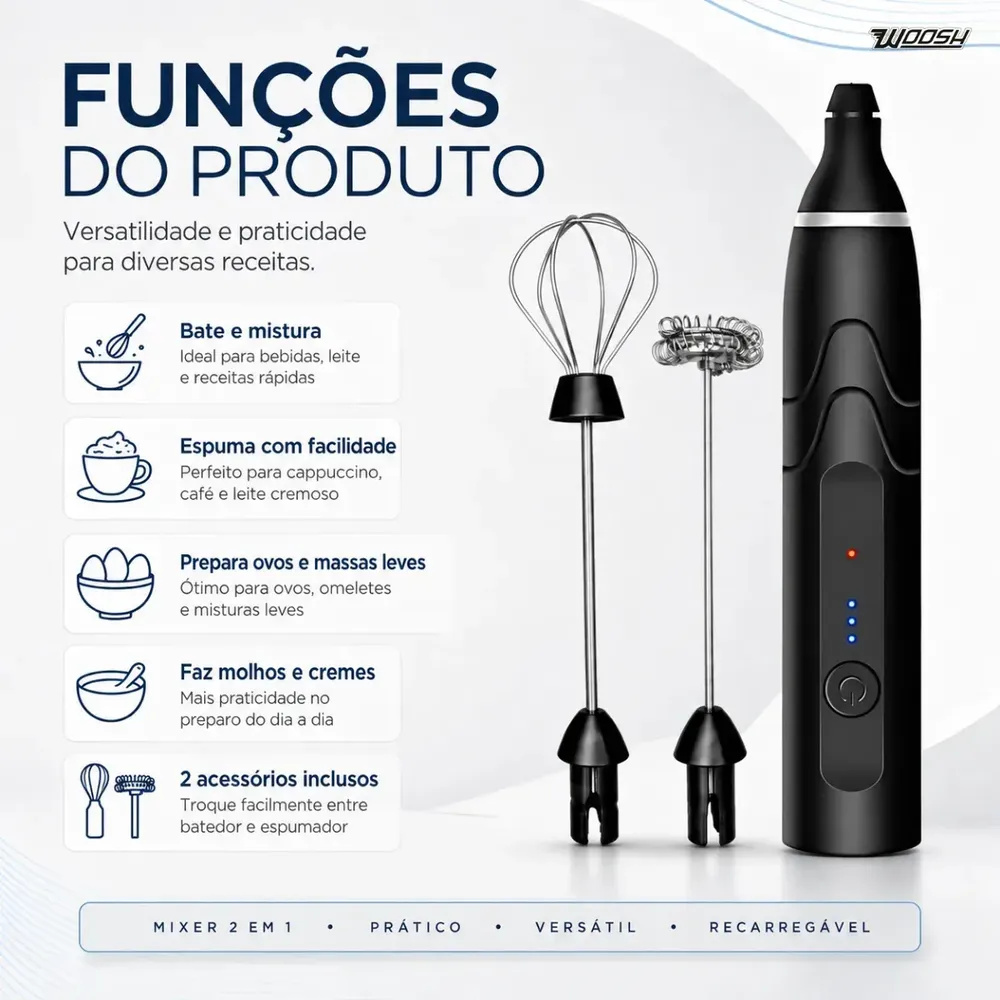 Mixer Elétrico Portátil 2 em 1 Recarregável Misturador de Bebidas e Ovos