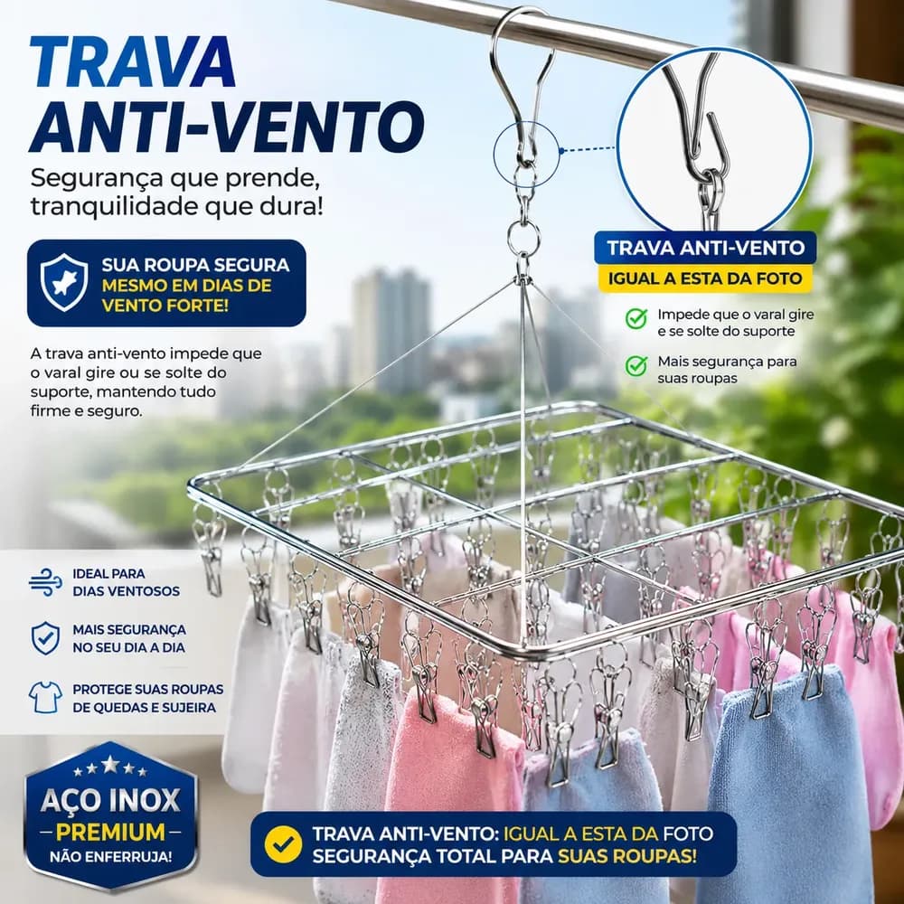 Varal Inox Suspenso 40 Prendedores Fixos para Secagem de Roupas