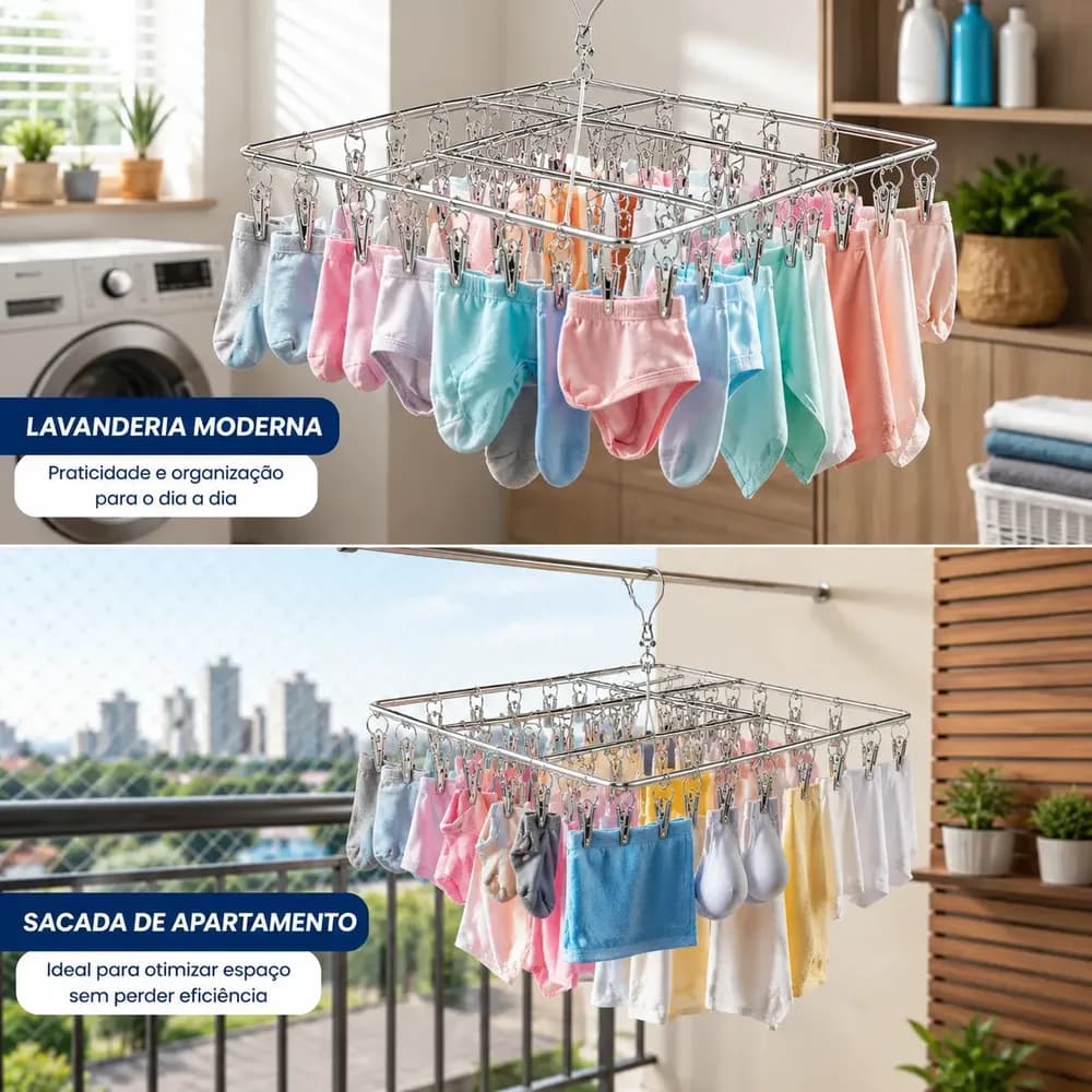 Varal Inox Suspenso 40 Prendedores Fixos para Secagem de Roupas