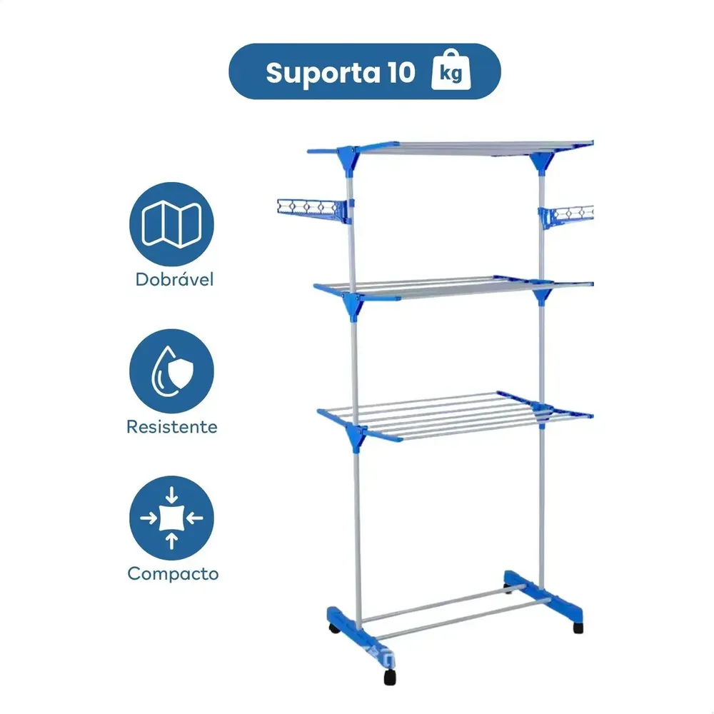 Varal De Chão Grande De Roupas 3 Andares Dobrável Azul Kontuz 170cm
