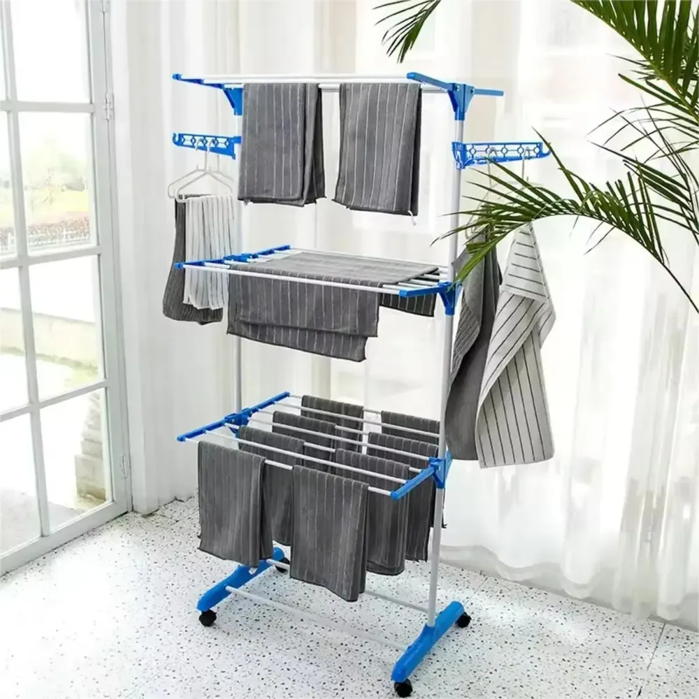 Varal De Chão Grande De Roupas 3 Andares Dobrável Azul Kontuz 170cm