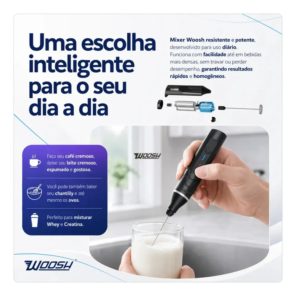 Mixer Elétrico Portátil 2 em 1 Recarregável Misturador de Bebidas e Ovos