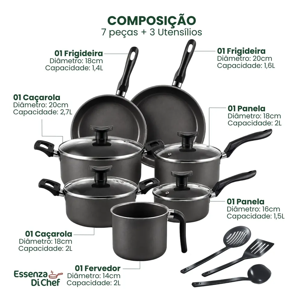 Conjunto Panelas Antiaderente 10 Peças Teflon Preto
