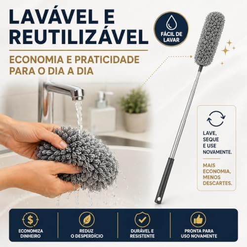 Espanador de Microfibra com Cabo Extensível Até 2,80m, Esfregão Tira Pó Lavável com Haste de Alumínio, Limpador para Teto, Ventilador, Cortinas, Móveis Altos e Locais de Difícil Acesso