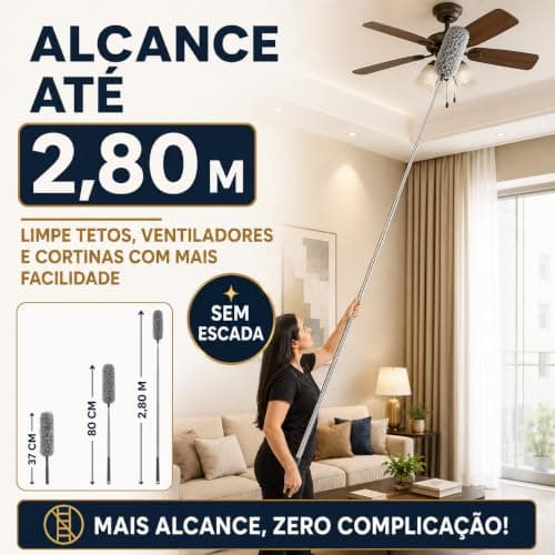 Espanador de Microfibra com Cabo Extensível Até 2,80m, Esfregão Tira Pó Lavável com Haste de Alumínio, Limpador para Teto, Ventilador, Cortinas, Móveis Altos e Locais de Difícil Acesso