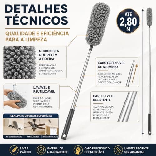 Espanador de Microfibra com Cabo Extensível Até 2,80m, Esfregão Tira Pó Lavável com Haste de Alumínio, Limpador para Teto, Ventilador, Cortinas, Móveis Altos e Locais de Difícil Acesso