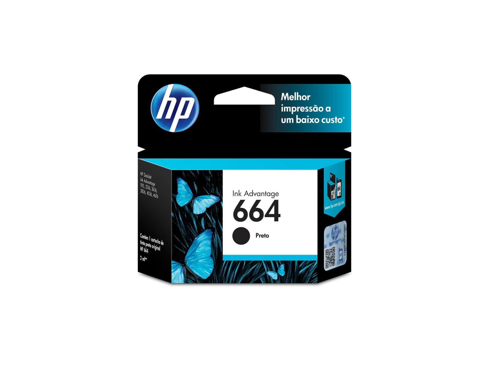 Cartucho de Tinta HP 664 Preto Original (F6V29AB) Para Impressora Deskjet 2136, 2676, 3776, 5076, 527