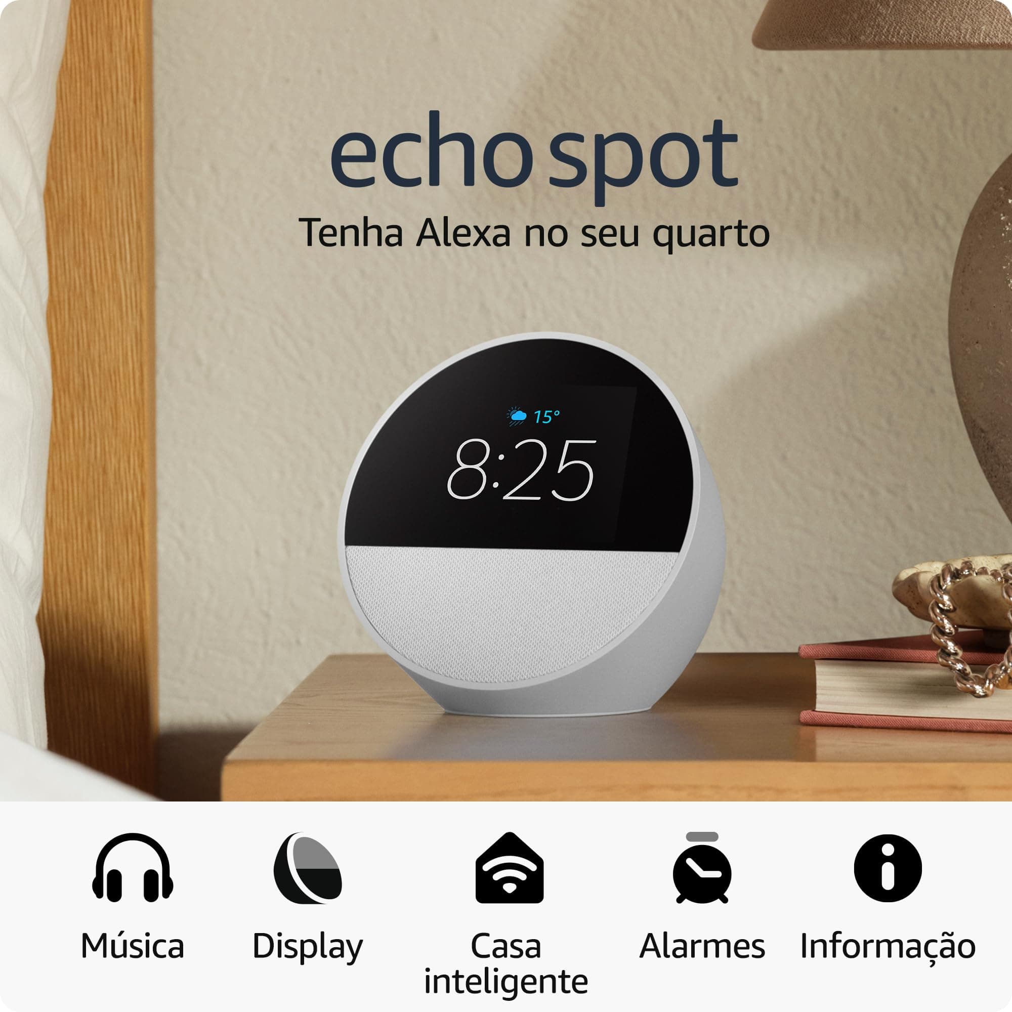 Echo Spot com Alexa (Geração mais recente) - Despertador inteligente com som vibrante - Cor Branca, com Acesso Antecipado à Alexa+